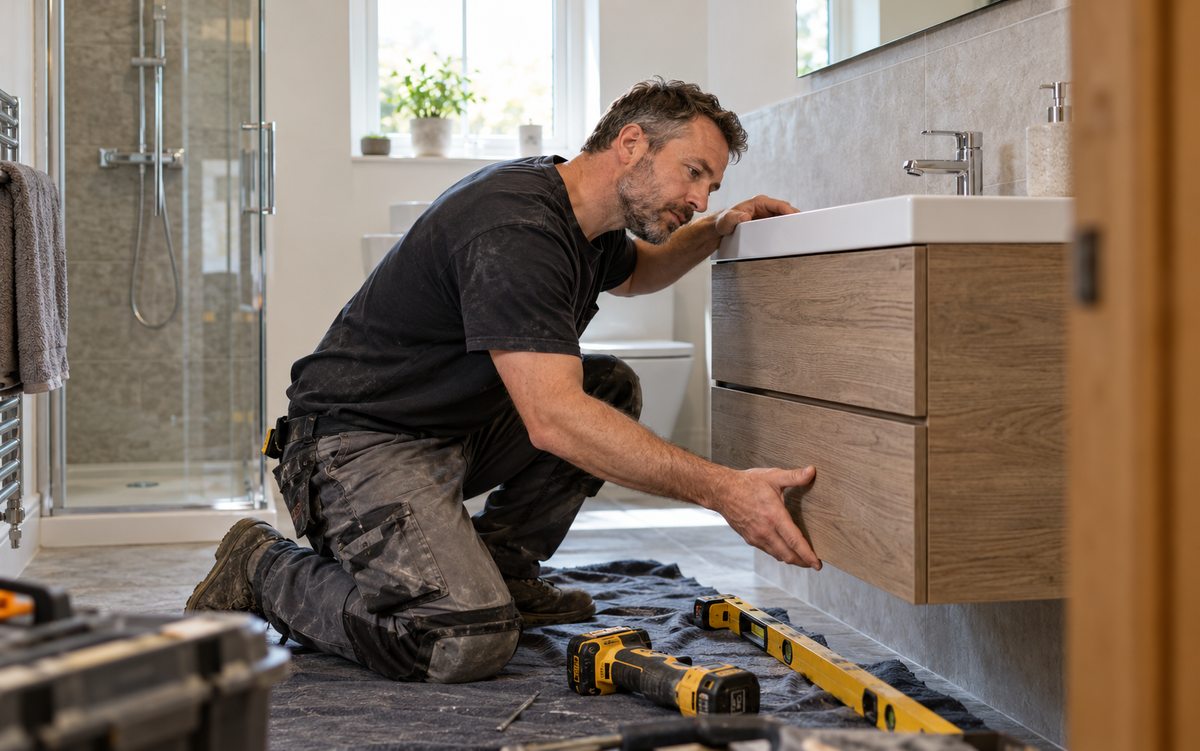 Illustrative bathroom fitter installing a vanity unit