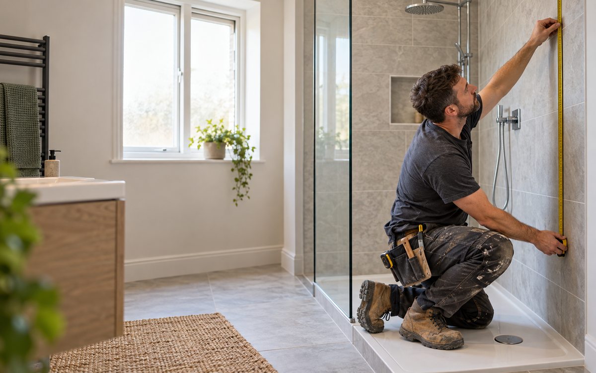 Illustrative bathroom fitter measuring a shower area in a home