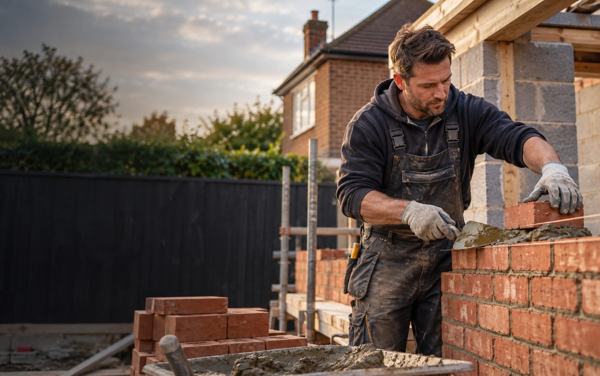 Illustrative bricklayer laying bricks on a house extension