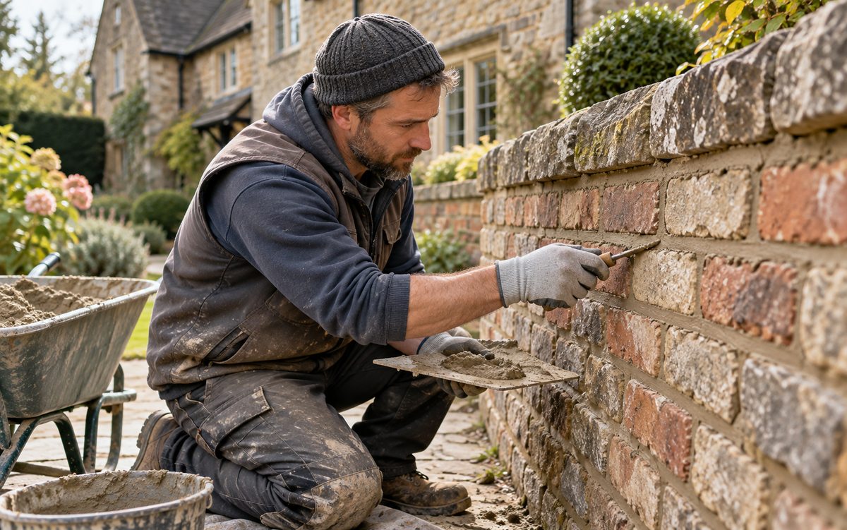 Illustrative bricklayer carefully pointing a garden wall