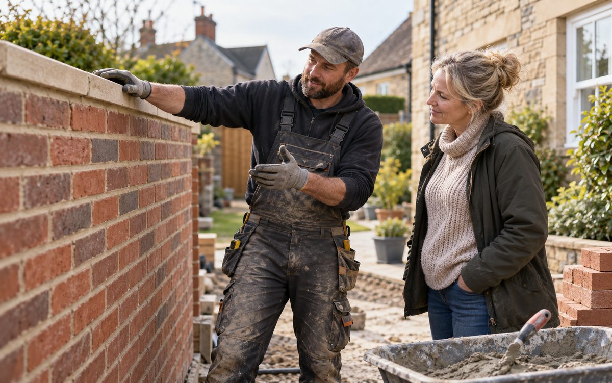 Illustrative bricklayer discussing a completed wall with a homeowner