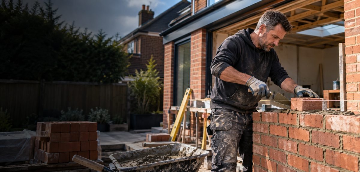 Illustrative builder laying brickwork on a house extension