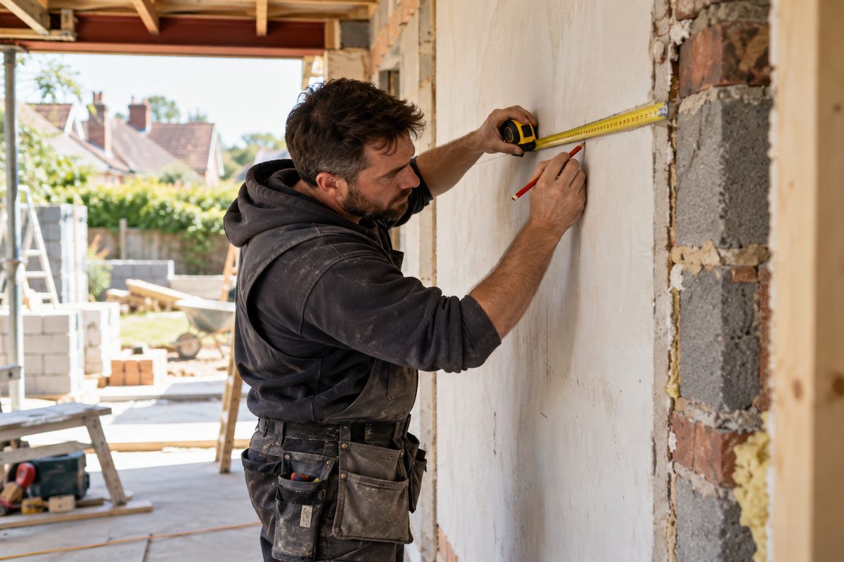 Illustrative builder measuring a wall during renovation