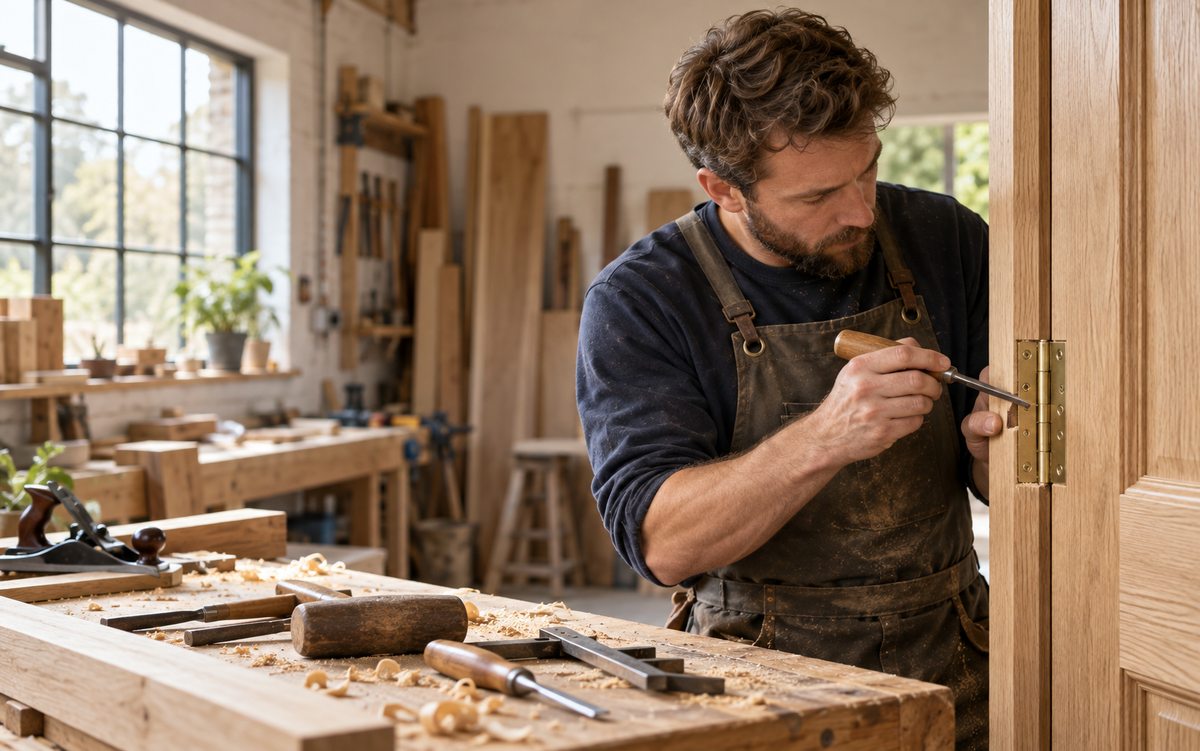 Illustrative carpenter fitting a hinge to an oak door in a workshop