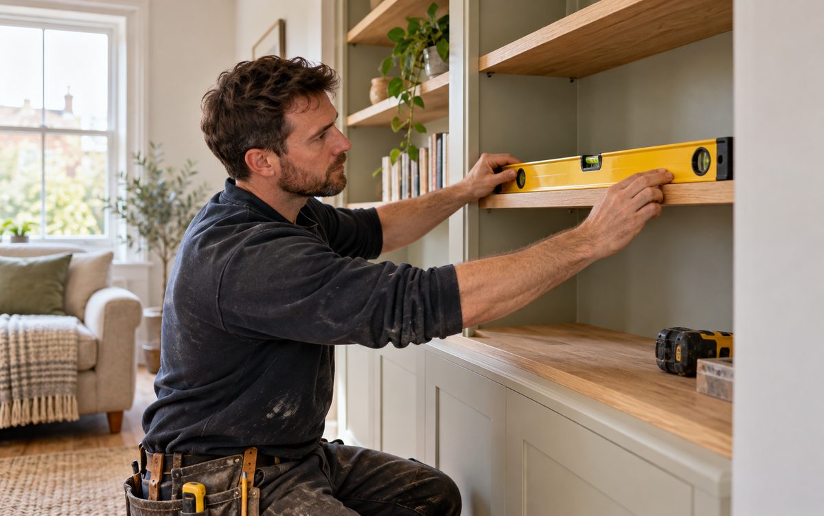 Illustrative carpenter fitting built-in shelves in a home