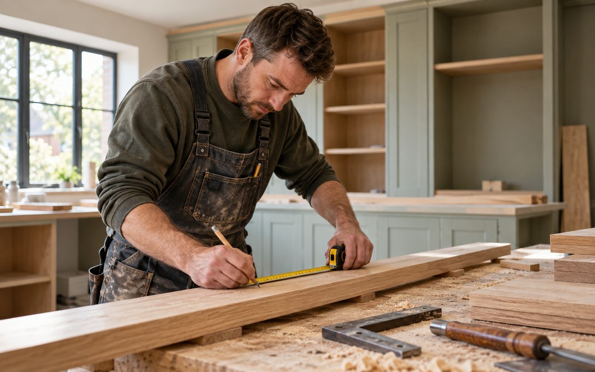 Illustrative carpenter measuring timber at a workshop bench