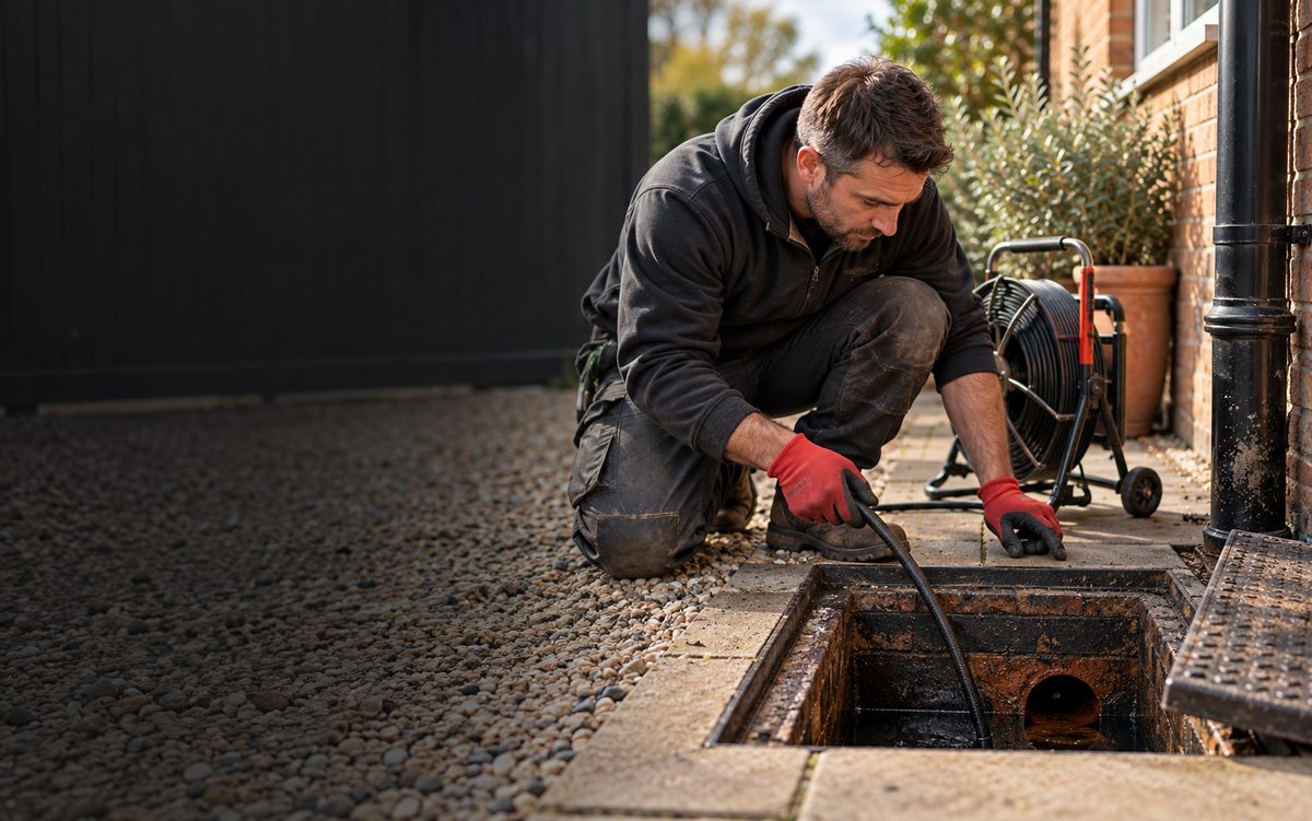 Illustrative drainage contractor inspecting an external drain chamber