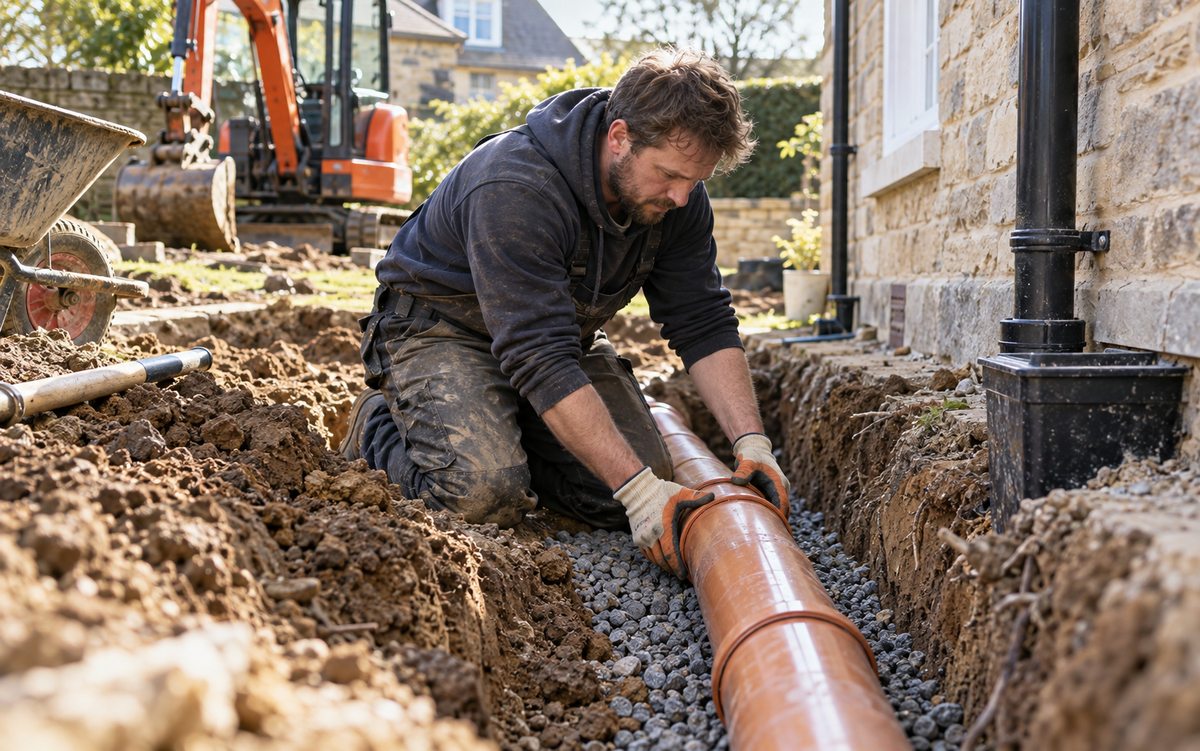 Illustrative drainage contractor fitting a drainage pipe in a trench
