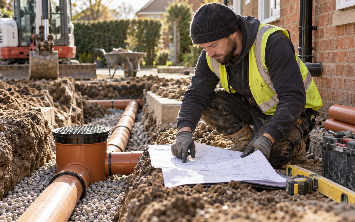 Illustrative drainage contractor reviewing a drainage plan on site