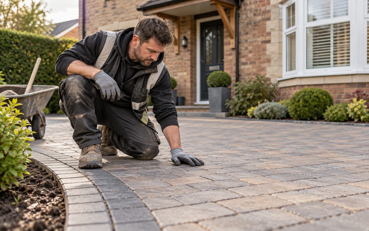 Illustrative driveway contractor checking a finished paved entrance
