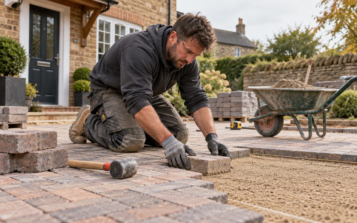 Illustrative paving contractor laying block pavers on a driveway