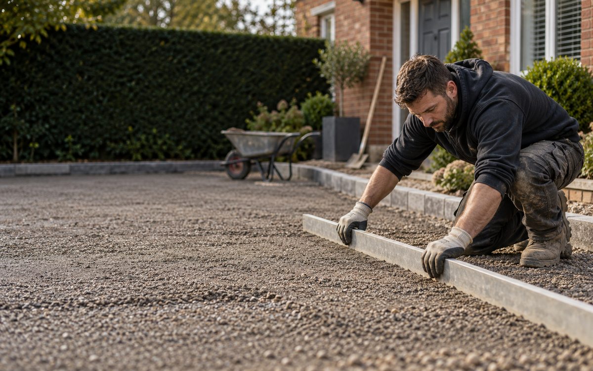 Illustrative driveway contractor levelling a driveway base