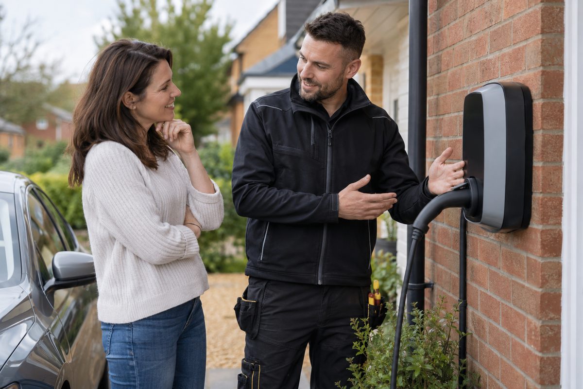 Illustrative electrician discussing an EV charger with a homeowner