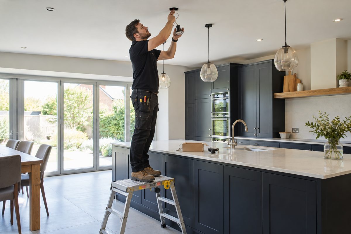 Illustrative electrician fitting a kitchen light