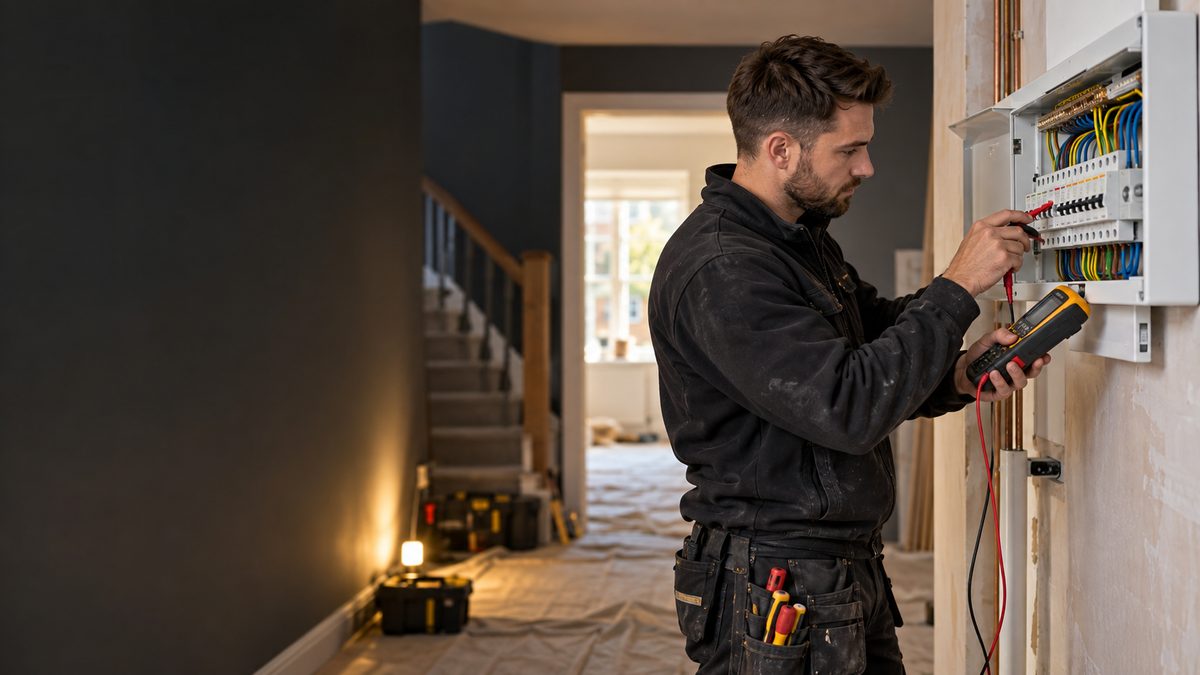 Illustrative electrician testing a domestic consumer unit