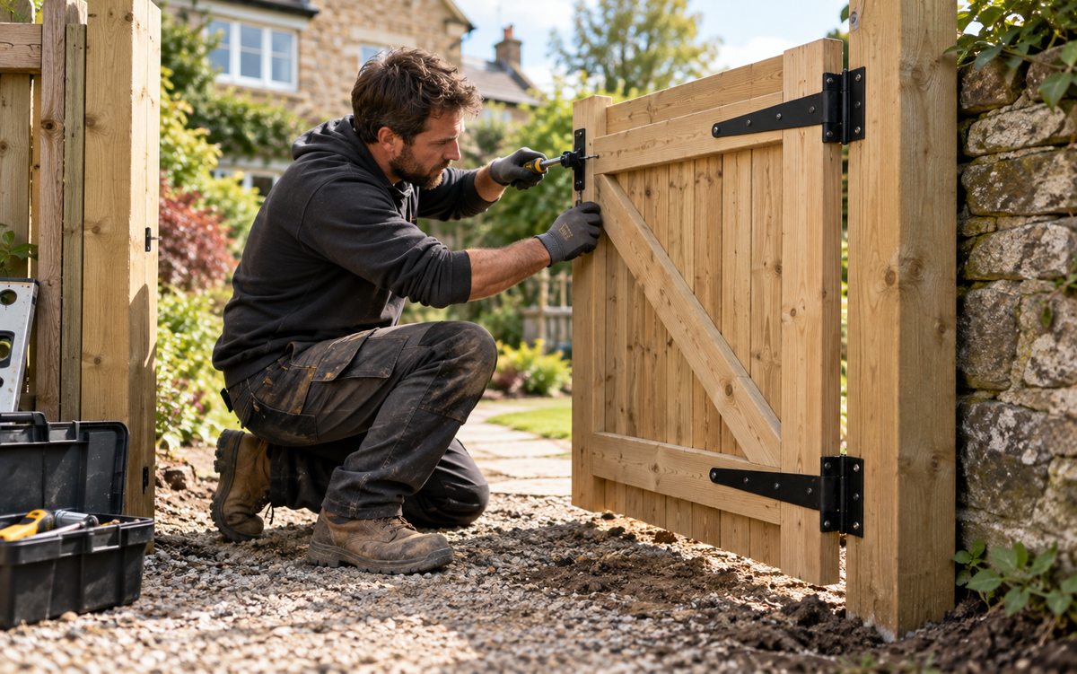 Illustrative fencing contractor adjusting a newly fitted garden gate