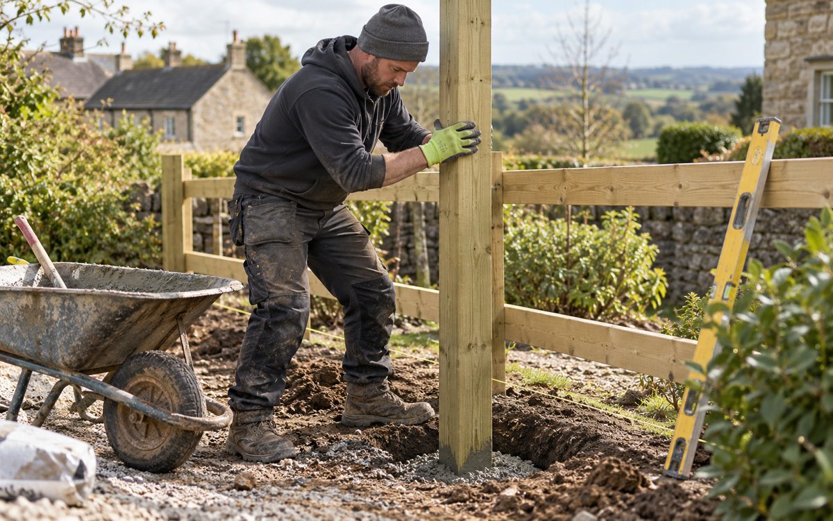 Illustrative fencing contractor setting a timber fence post