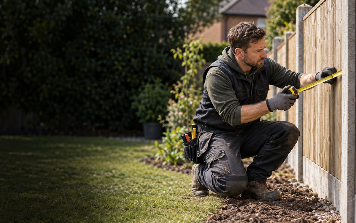 Illustrative fencing contractor measuring a garden boundary