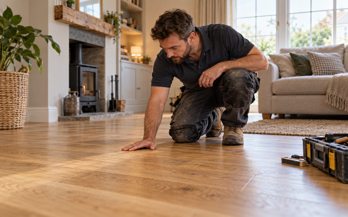 Illustrative flooring fitter inspecting a finished living-room floor