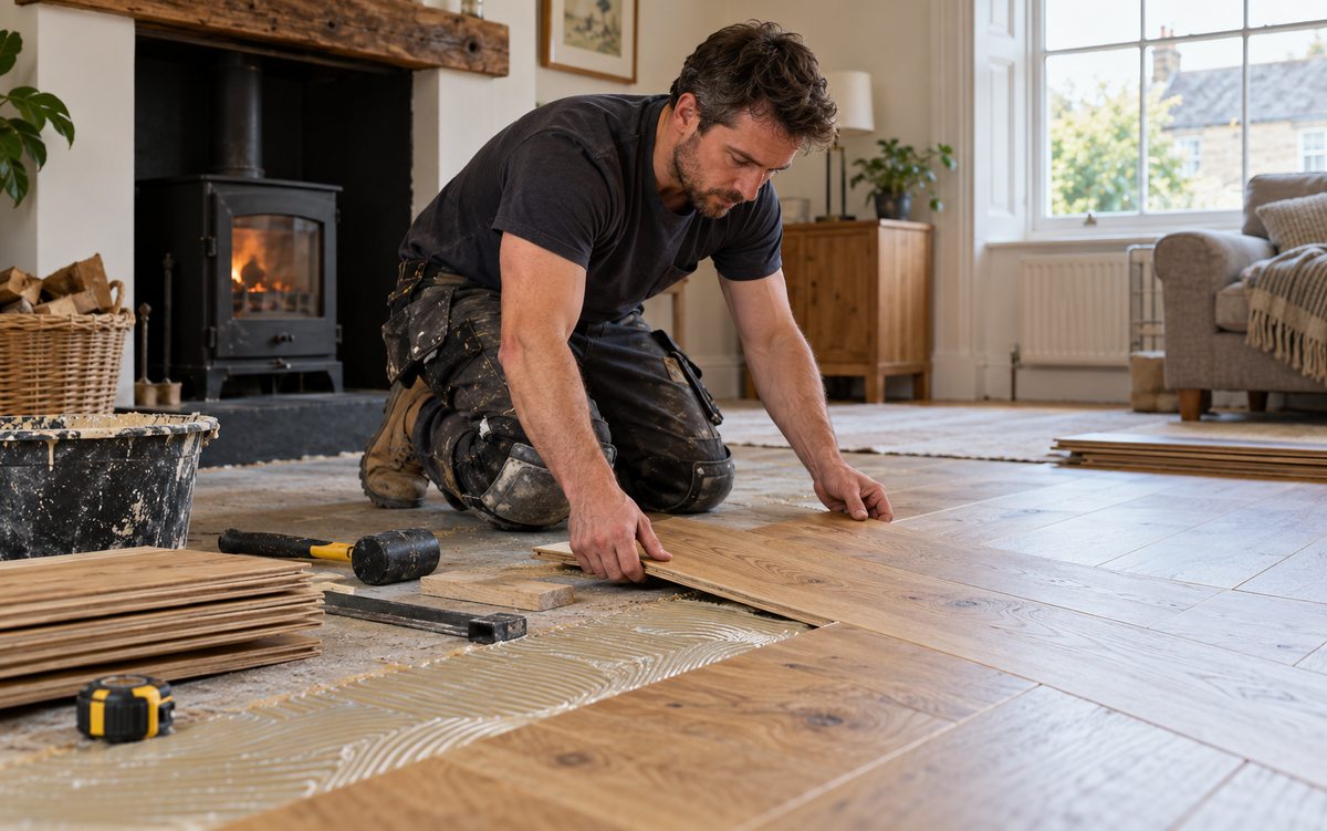 Illustrative flooring fitter laying engineered wood planks