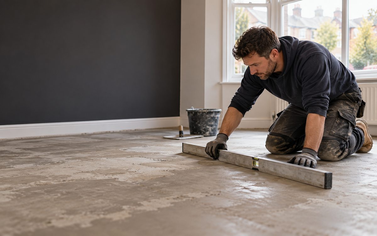 Illustrative flooring fitter checking a prepared subfloor