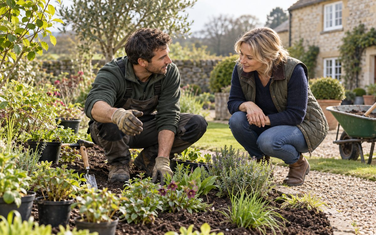 Illustrative gardener discussing a planting bed with a homeowner