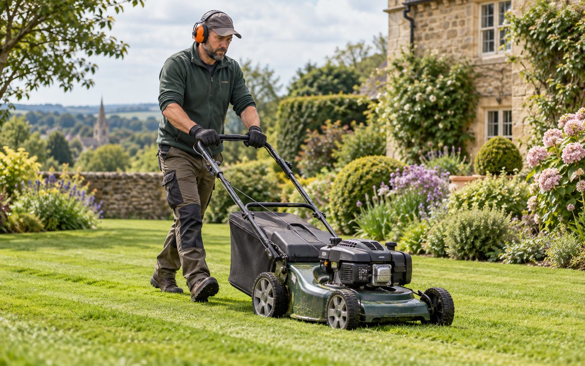 Illustrative gardener mowing a healthy lawn