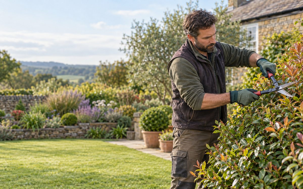 Illustrative gardener pruning a shrub in a domestic garden