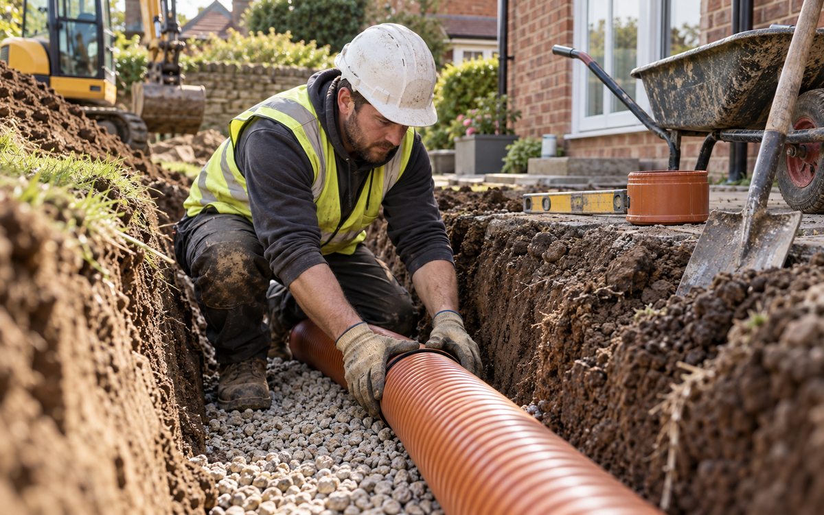 Illustrative groundworker laying drainage pipe in a trench
