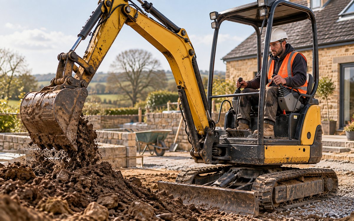 Illustrative groundworker using a compact excavator on a construction site