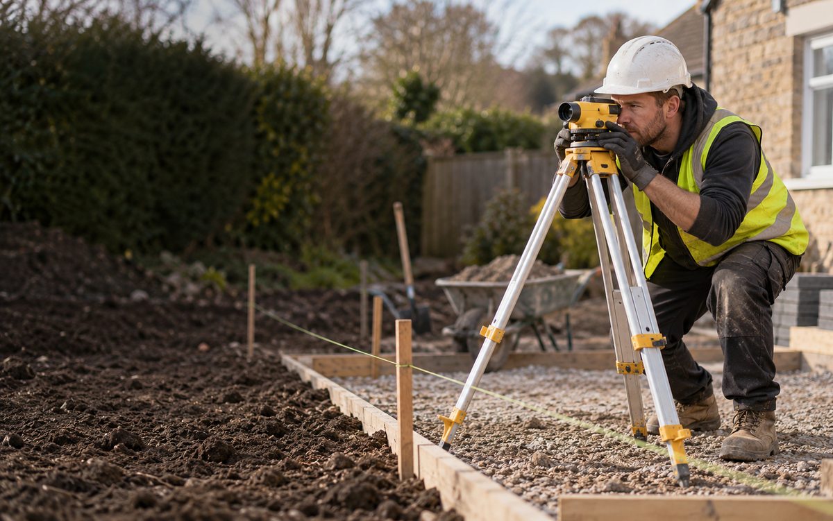 Illustrative groundworker assessing levels on a residential plot