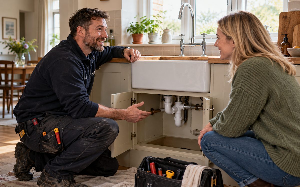 Illustrative handyman discussing a completed repair with a homeowner