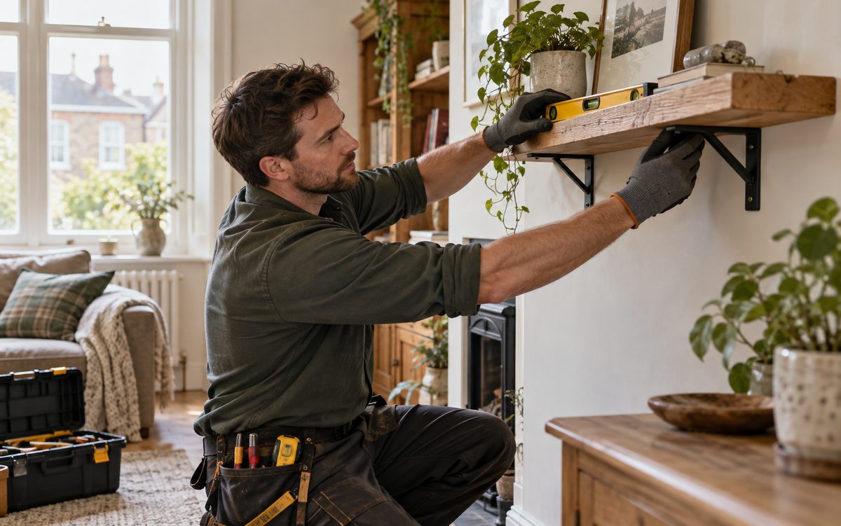 Illustrative property maintenance worker fitting a wall shelf