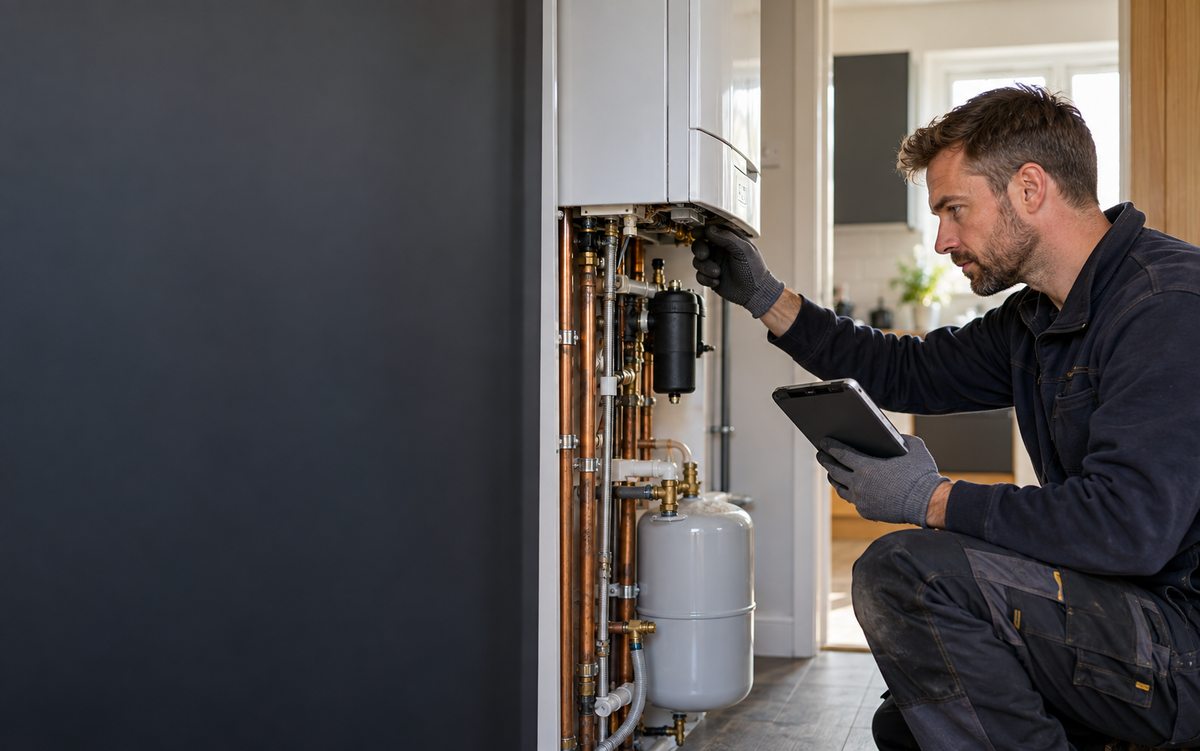Illustrative heating engineer inspecting a domestic heating system