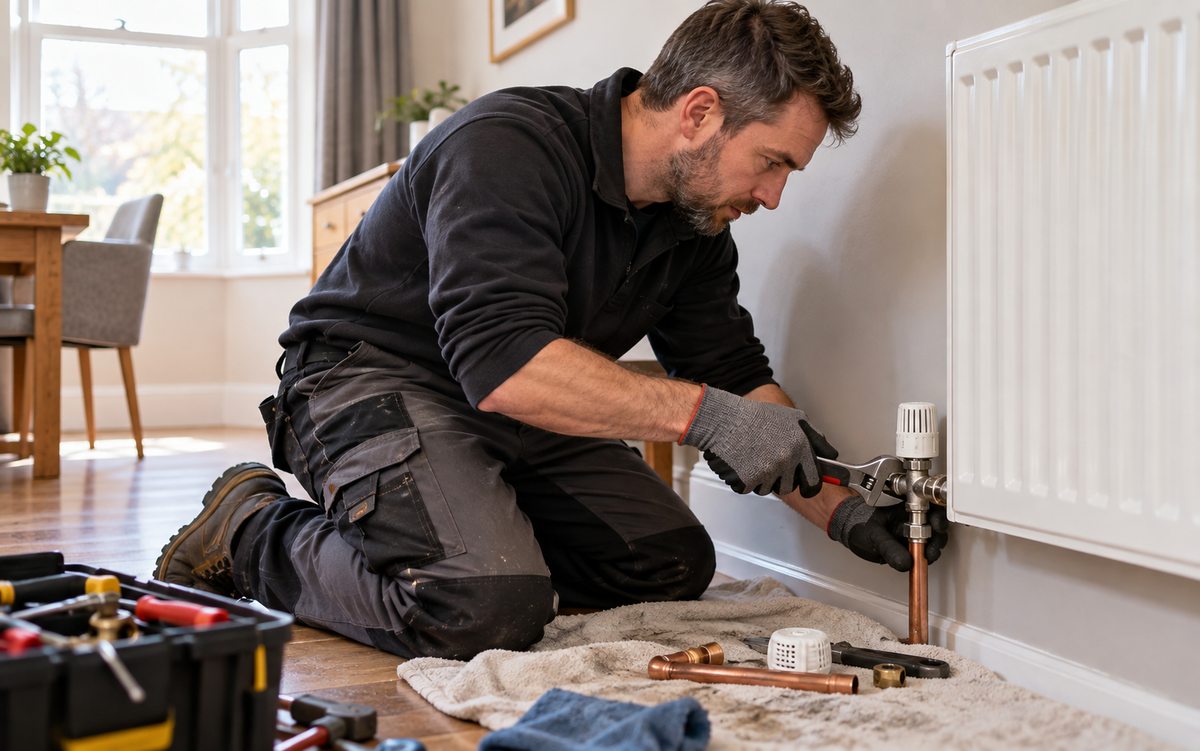 Illustrative heating engineer fitting a radiator valve
