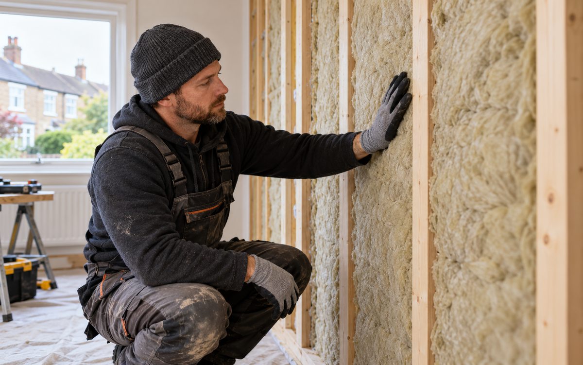Illustrative insulation installer checking a completed insulated wall detail