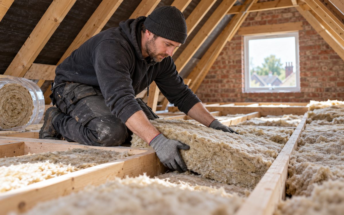 Illustrative insulation installer fitting mineral wool between loft joists