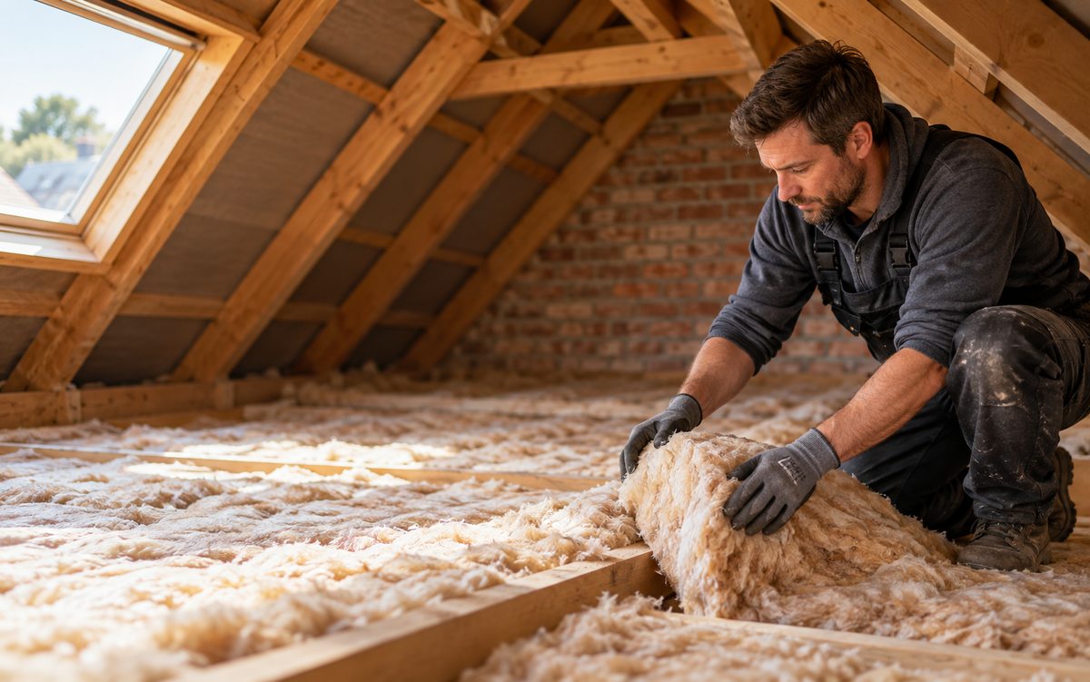 Illustrative insulation installer assessing a loft space