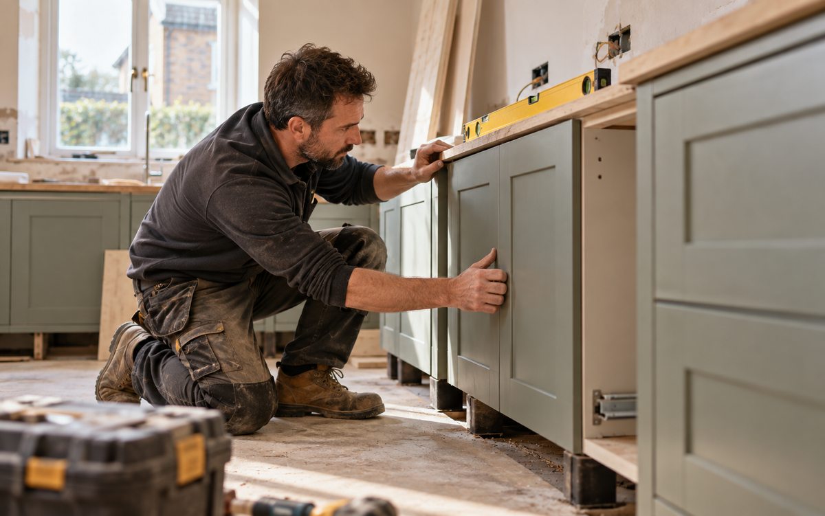 Illustrative kitchen fitter aligning a cabinet during installation