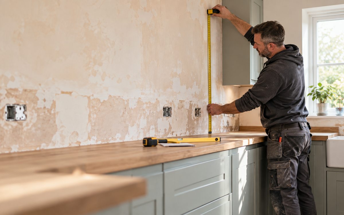 Illustrative kitchen fitter measuring a wall in a residential kitchen