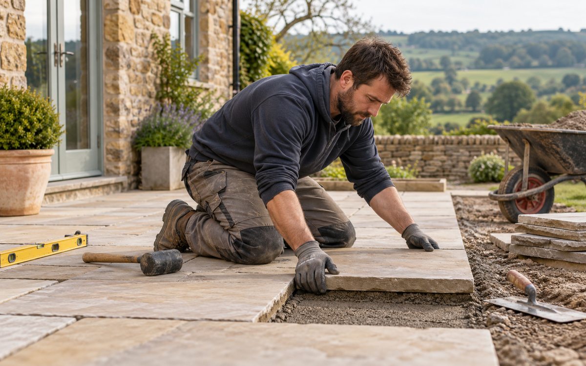 Illustrative landscaper laying patio paving stones