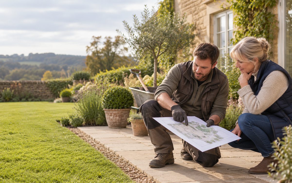 Illustrative landscaper reviewing a garden layout with a homeowner