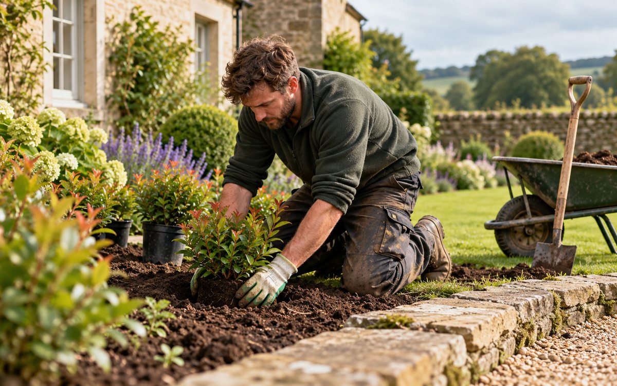 Illustrative landscaper planting shrubs in a finished garden