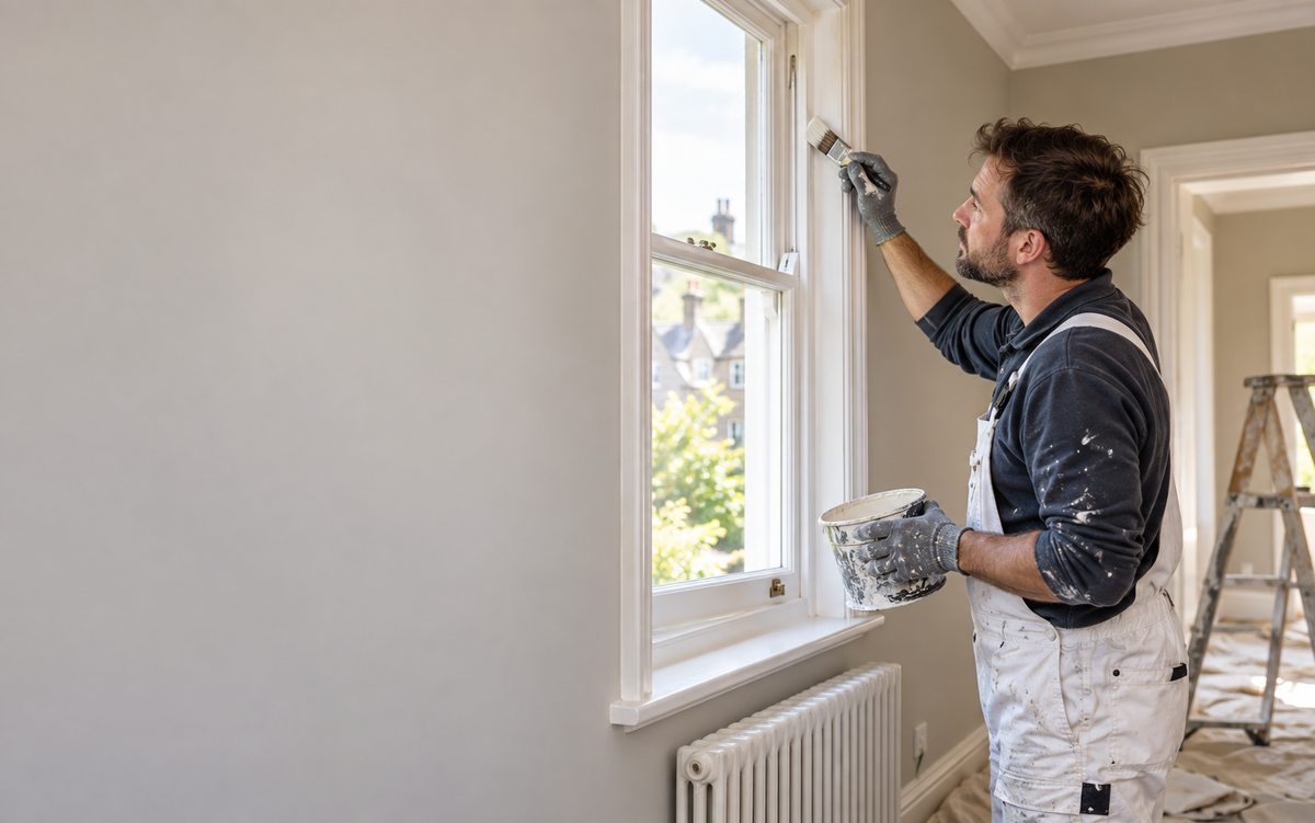 Illustrative painter and decorator cutting in around a window frame