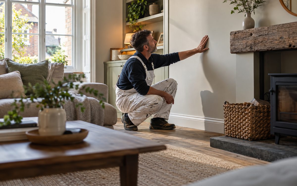 Illustrative decorator inspecting a newly finished living room