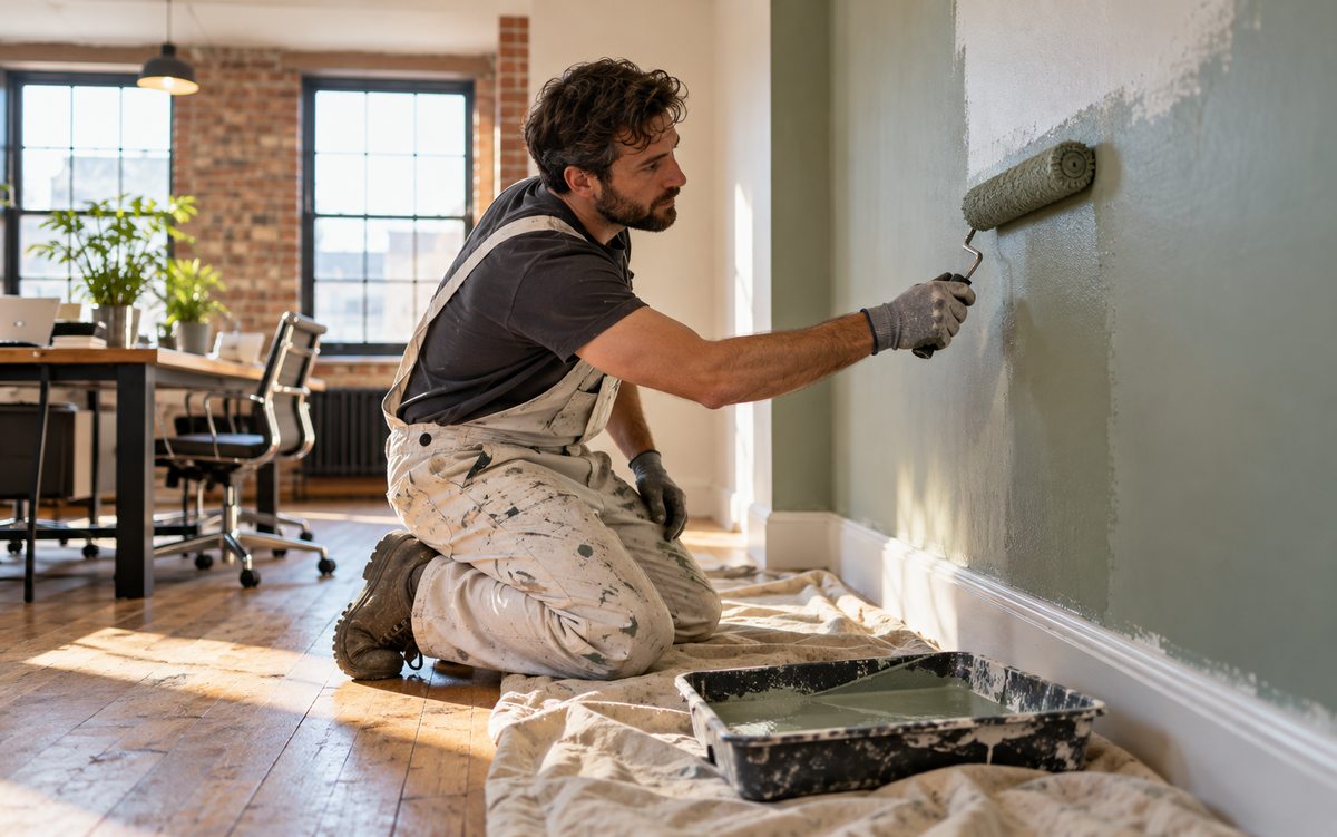 Illustrative decorator rolling paint on a feature wall