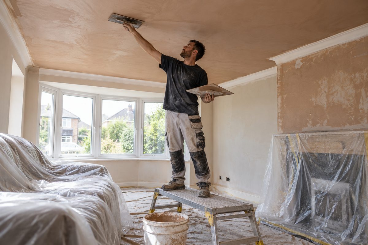 Illustrative plasterer skimming a residential ceiling