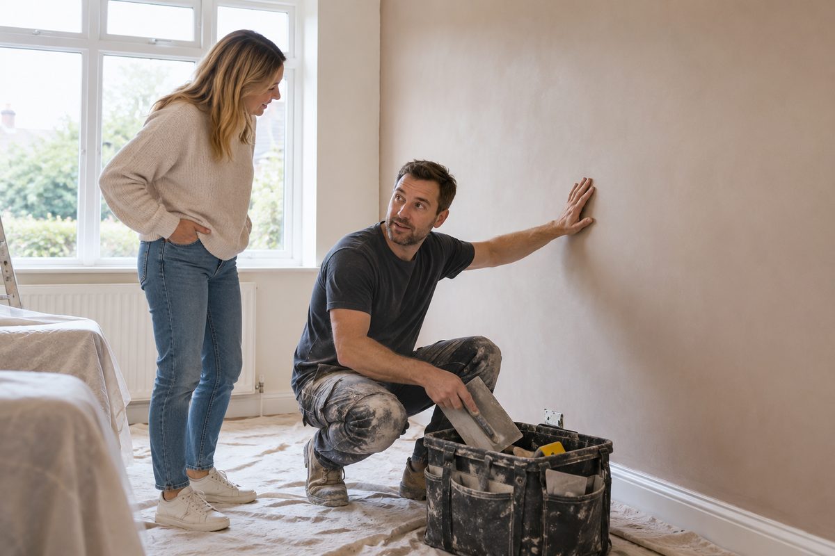 Illustrative plasterer discussing a newly finished wall with a homeowner