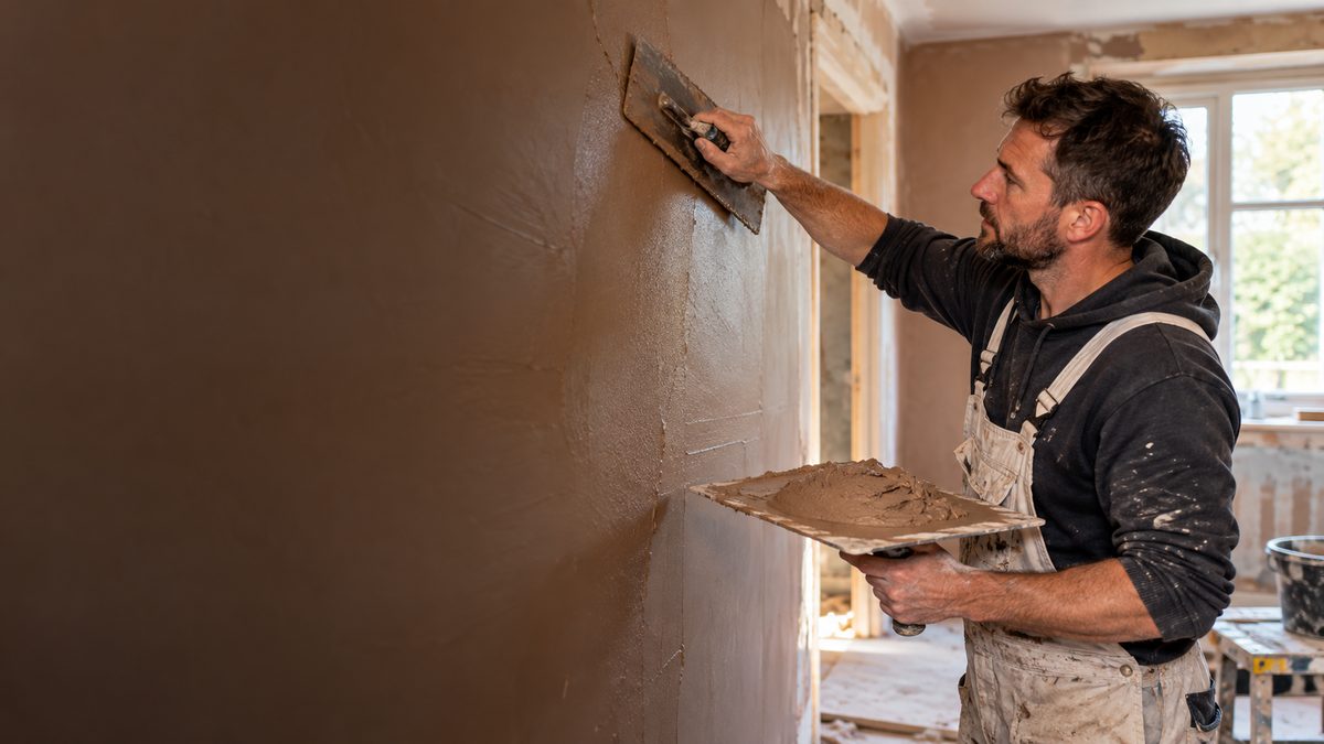 Illustrative plasterer smoothing fresh plaster on a wall