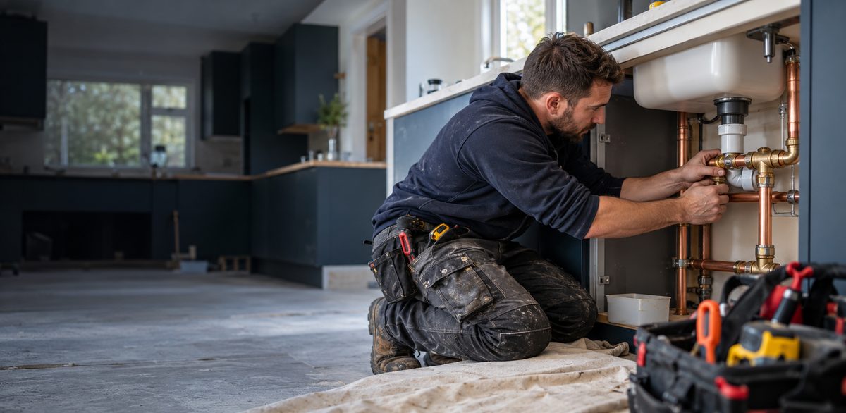 Illustrative plumber fitting pipework beneath a kitchen sink